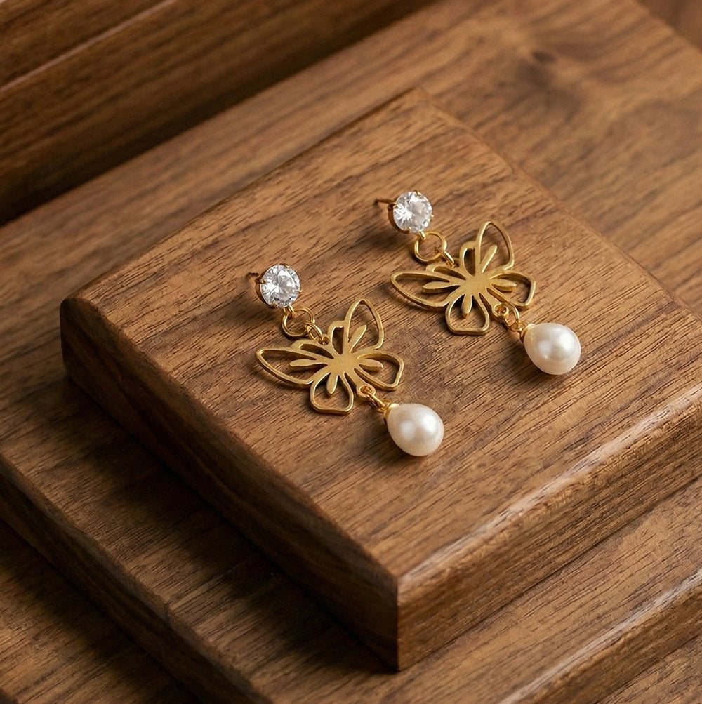 Butterfly Pearl Drop Earrings with Crystal Stud | High Quality Fashion Jewelry