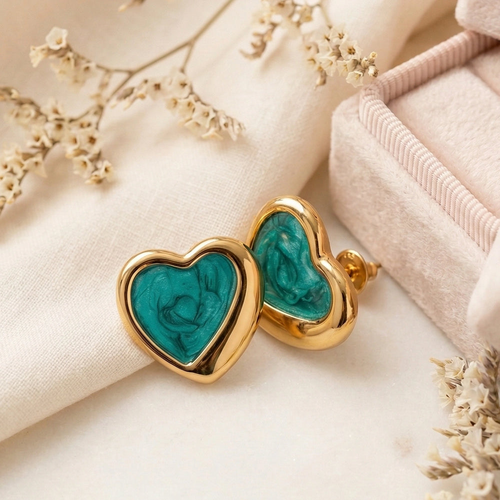Emerald Green Enamel Heart Stud Earrings | Gold Tone Fashion Jewelry