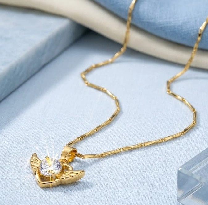 Angel Wings Heart Crystal Necklace - Anti Tarnish Gold Plated