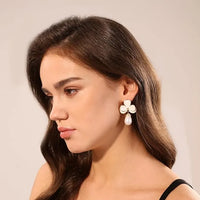 White Floral Pearl Drop Earrings – Elegant Gold-Tone Fashion Jewelry for Women
