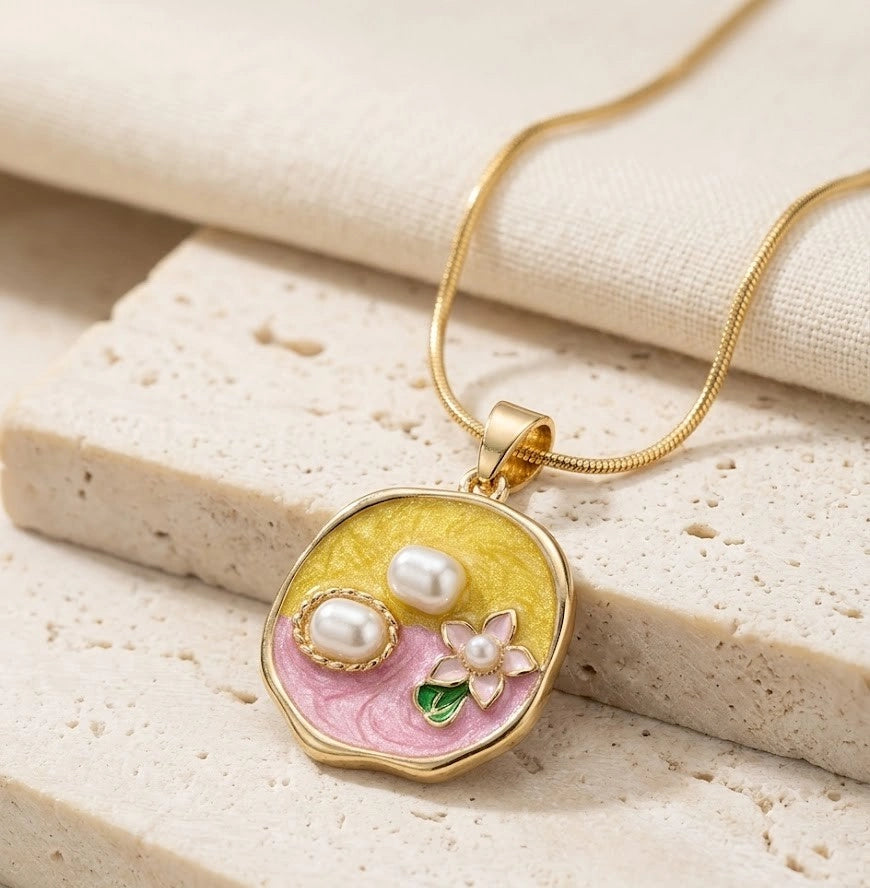 Korean Aesthetic Floral Pearl Enamel Necklace | Anti-Tarnish Gold Plated