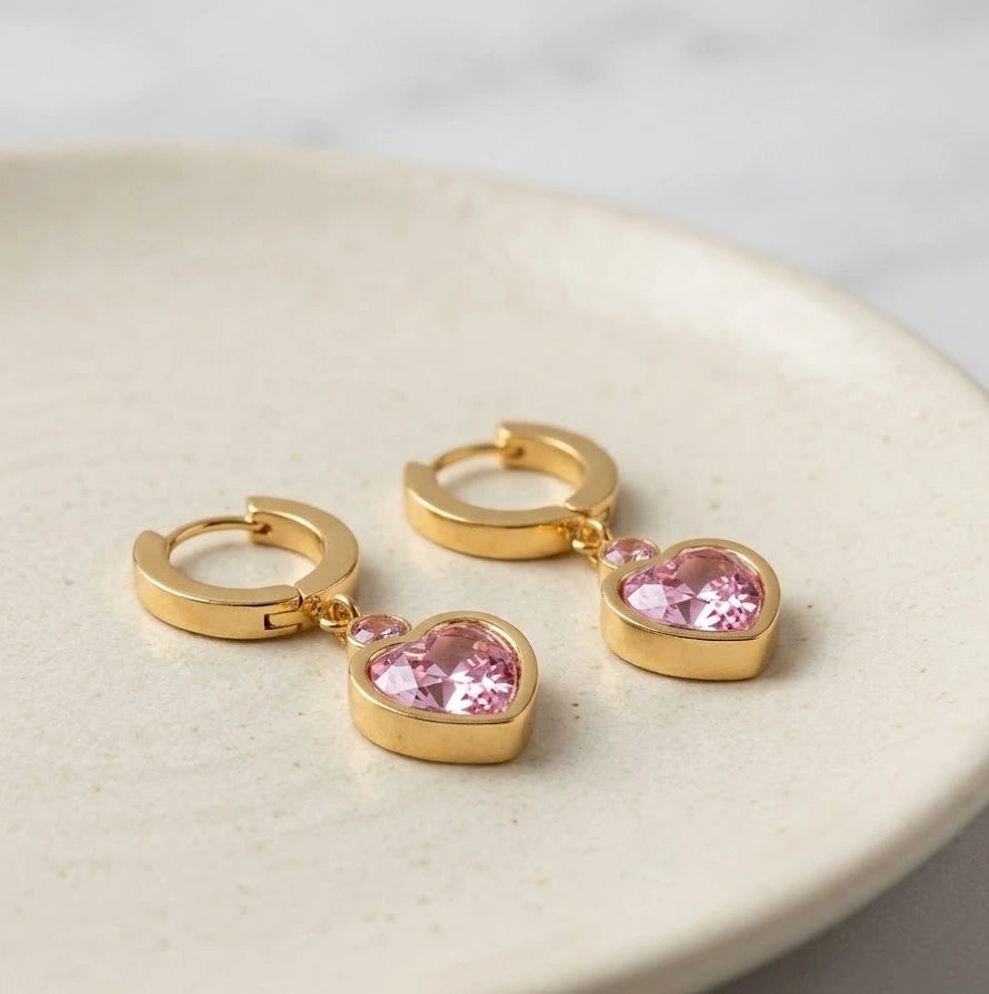 Pink Heart Drop Huggie Hoop Earrings - Anti Tarnish