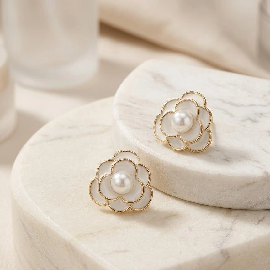 Elegant White Floral Pearl Stud Earrings