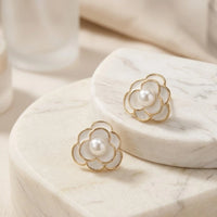 Elegant White Floral Pearl Stud Earrings