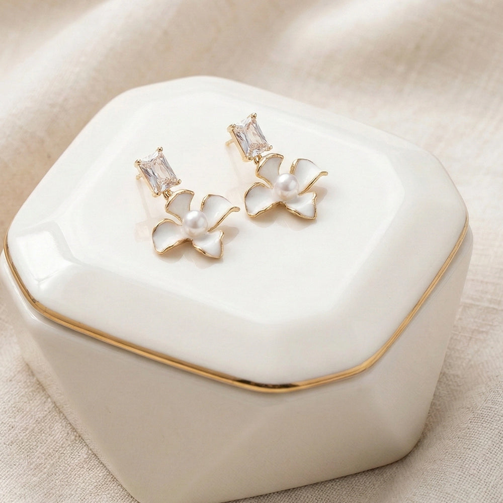White Enamel Floral Pearl Earrings with Crystal - Premium Fashion Jewelry