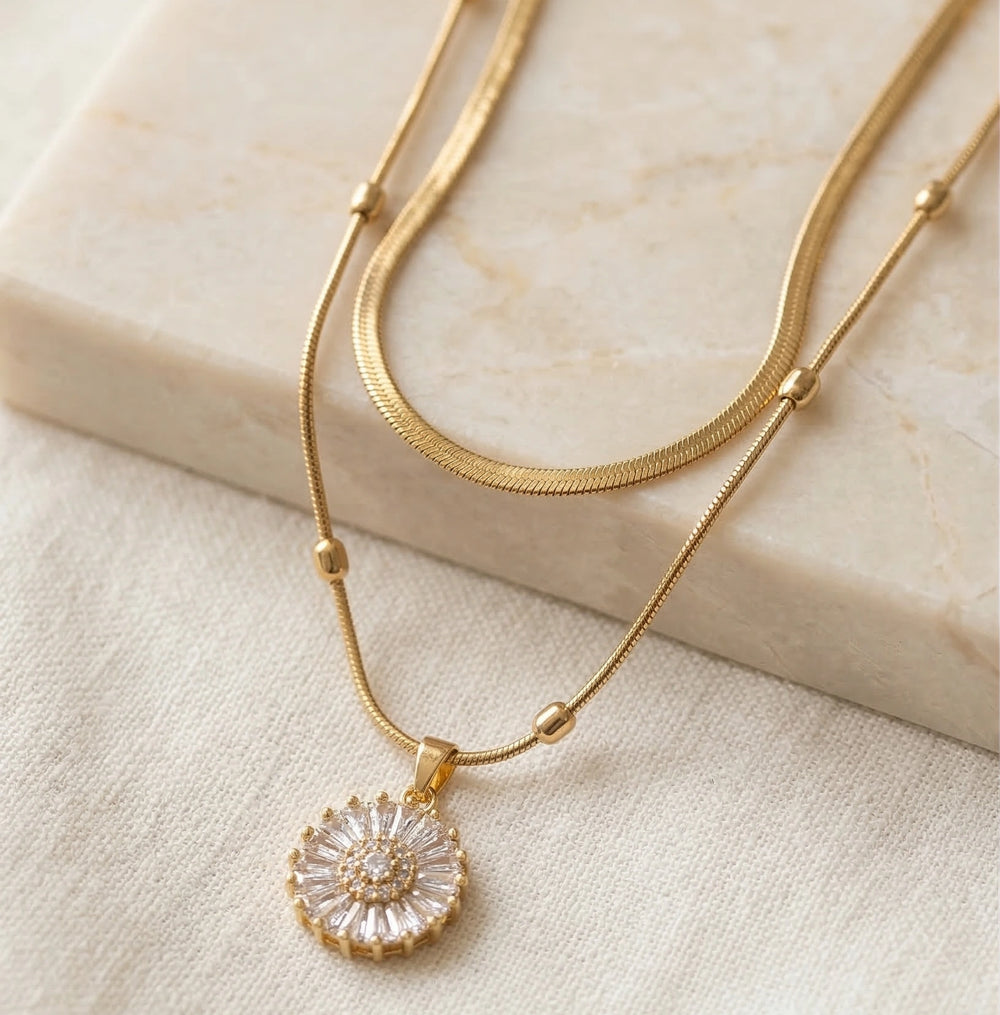 Sunburst Crystal Pendant Double Layered Necklace - Anti Tarnish Gold Plated