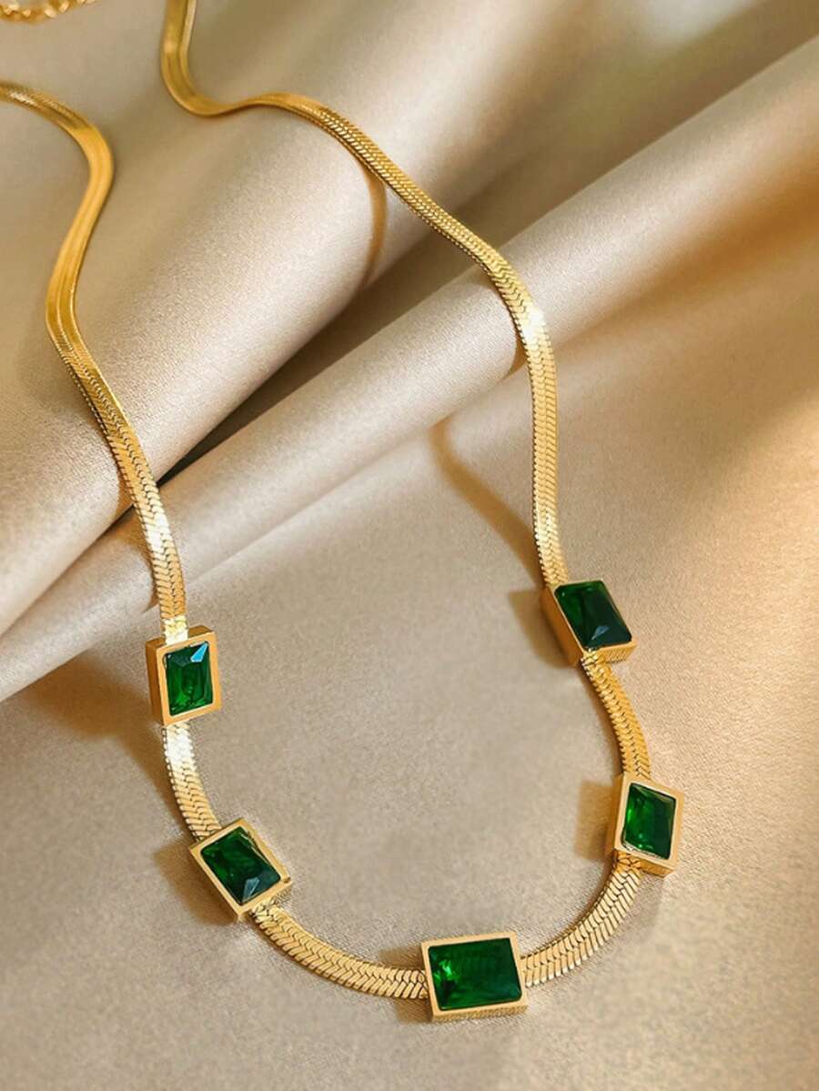 Emerald Green Stone Gold Plated Snake Chain Necklace | Anti-Tarnish