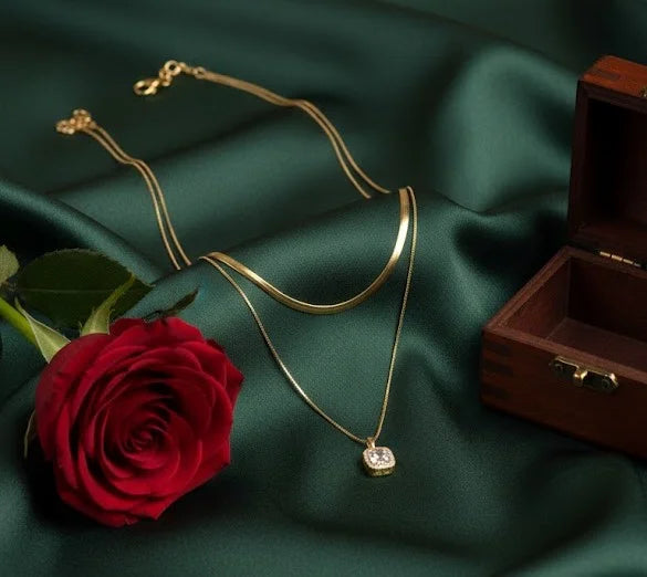 Double Layer Snake Chain & Square Crystal Pendant Necklace - Anti-Tarnish Gold Plated