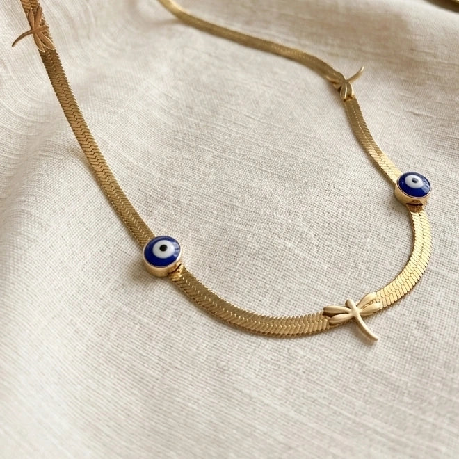Anti-Tarnish Evil Eye & Dragonfly Herringbone Necklace - Gold Plated