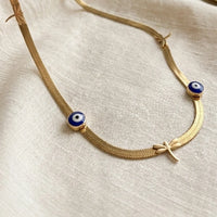 Anti-Tarnish Evil Eye & Dragonfly Herringbone Necklace - Gold Plated
