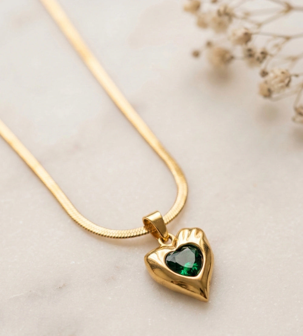 Emerald Green Heart Pendant Necklace - Anti Tarnish Gold Plated Snake Chain