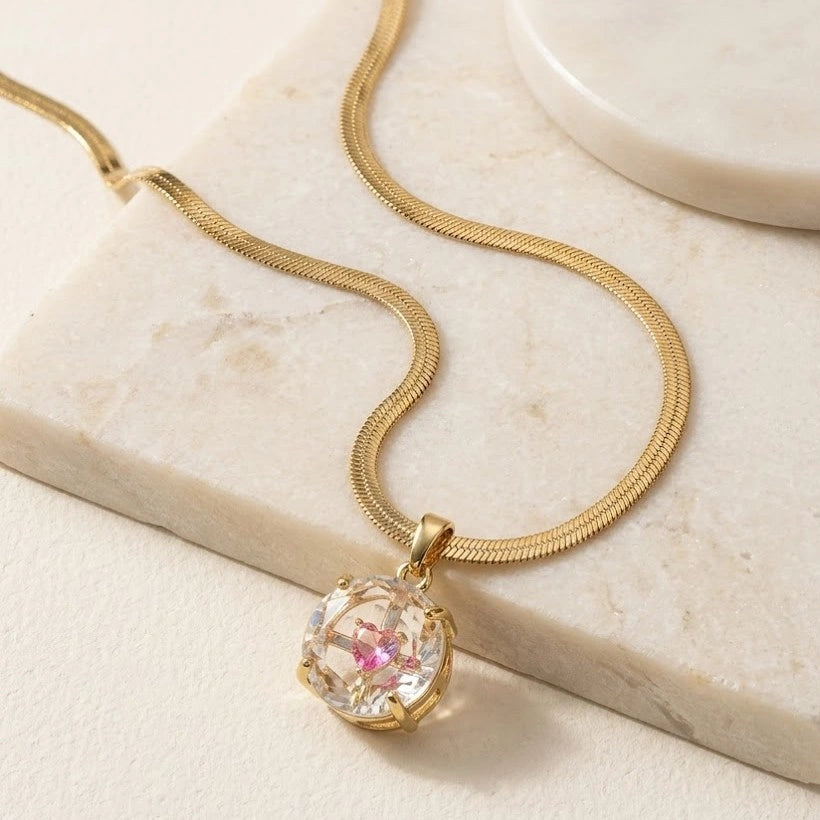Floating Pink Heart Crystal Pendant - Anti-Tarnish Gold Plated Snake Chain Necklace