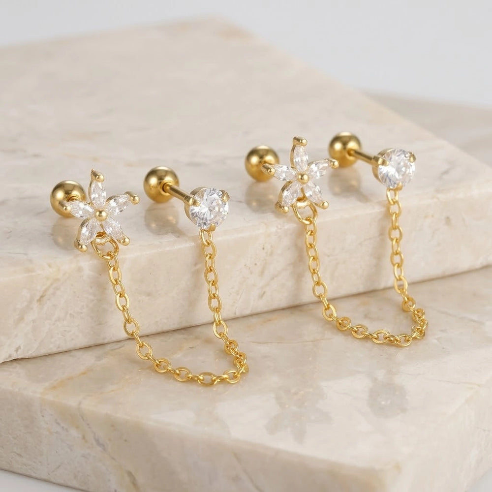 Floral Chain Double Stud Earrings | Anti-Tarnish Gold Plated