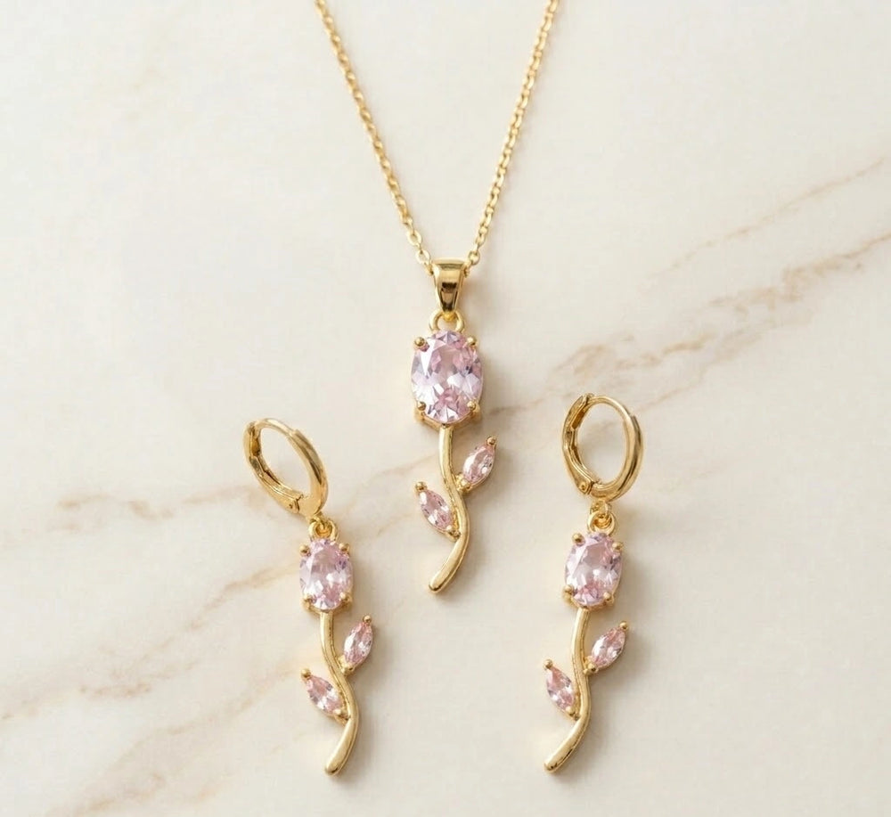 Pink Tulip Floral Necklace Set | Anti-Tarnish Gold Plated