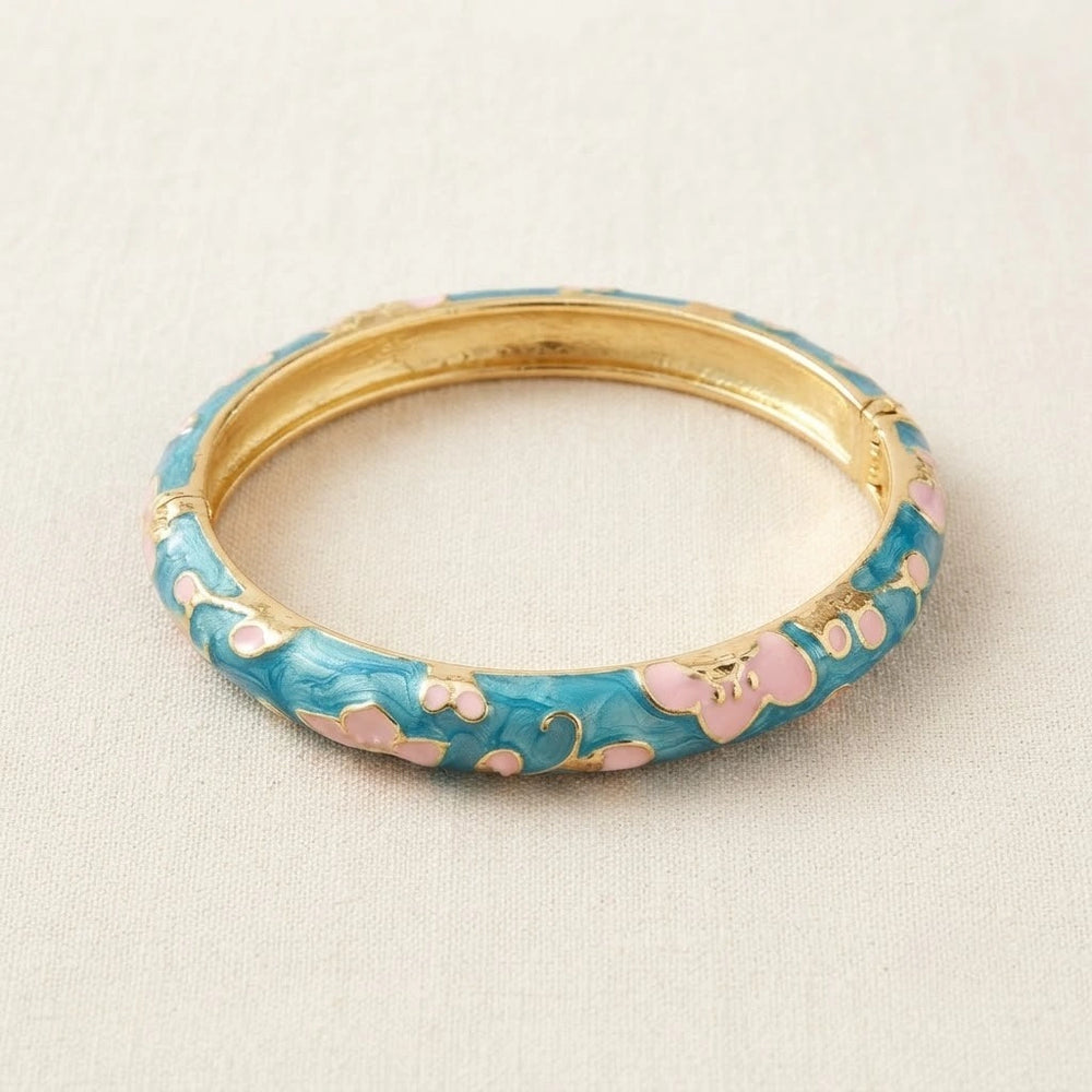 Floral Enamel Gold Plated Bangle - Blue & Pink Cherry Blossom Bracelet