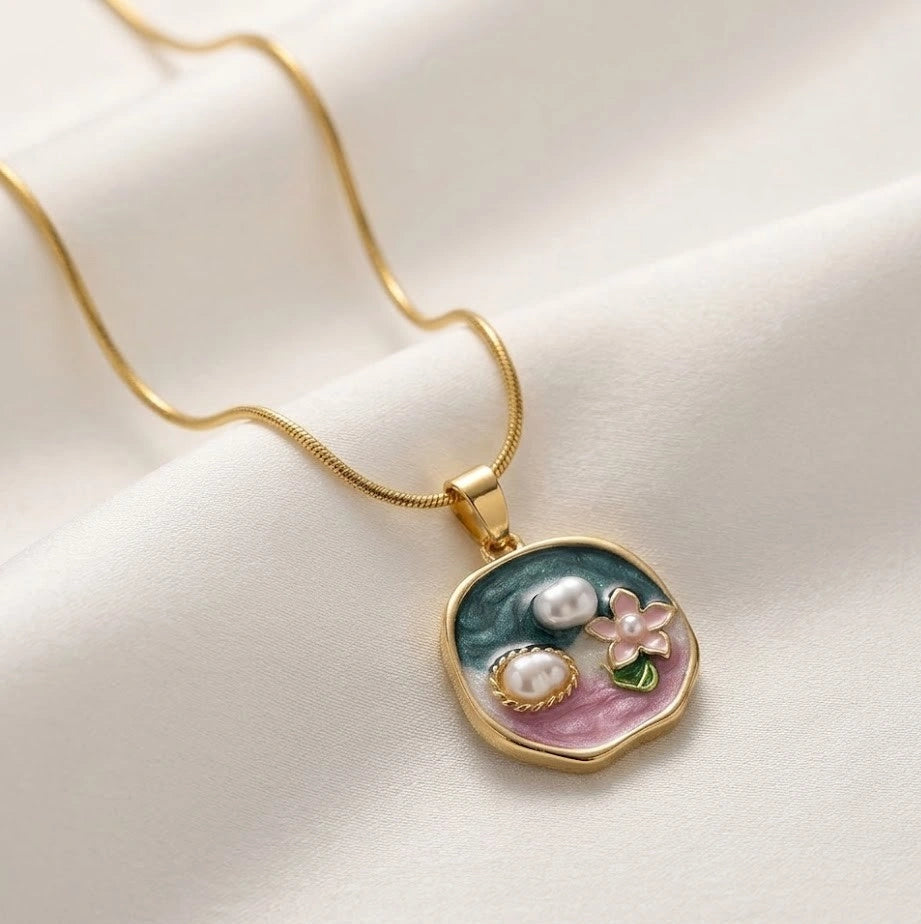 Korean Aesthetic Floral Enamel Pearl Pendant Necklace - Anti-Tarnish Gold Plated