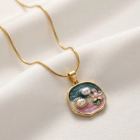 Korean Aesthetic Floral Enamel Pearl Pendant Necklace - Anti-Tarnish Gold Plated