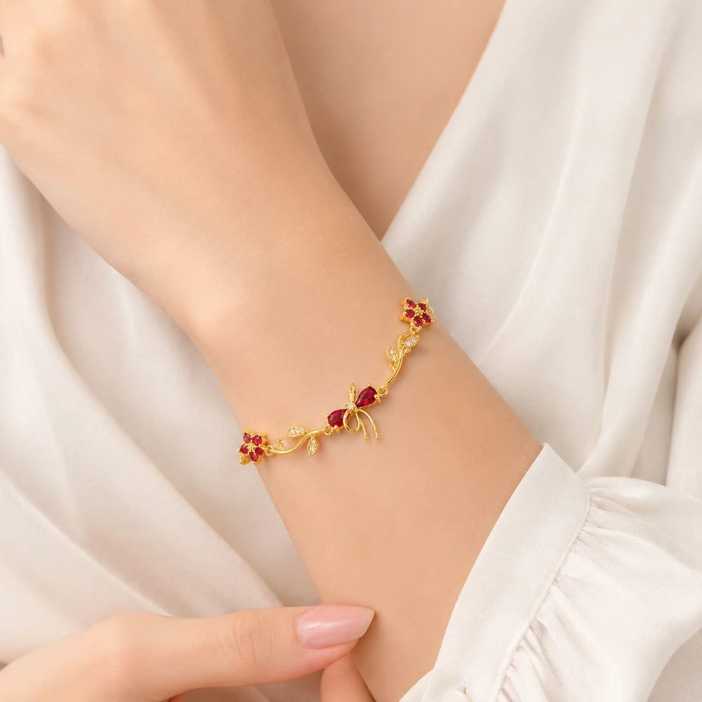 Red Floral Bow Bracelet | Anti-Tarnish Gold Plated