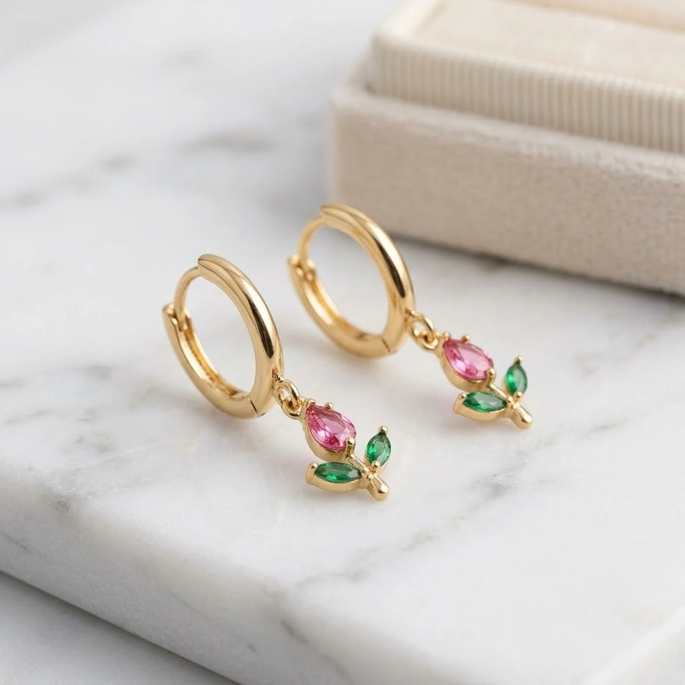Tulip Floral Drop Anti Tarnish Gold Plated Hoop Earrings