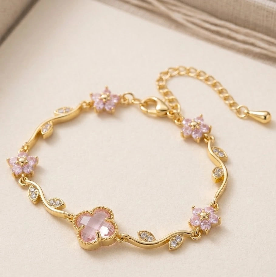 Tulip Pink Blossom Flower Crystal Anti Tarnish Gold Plated Bracelet