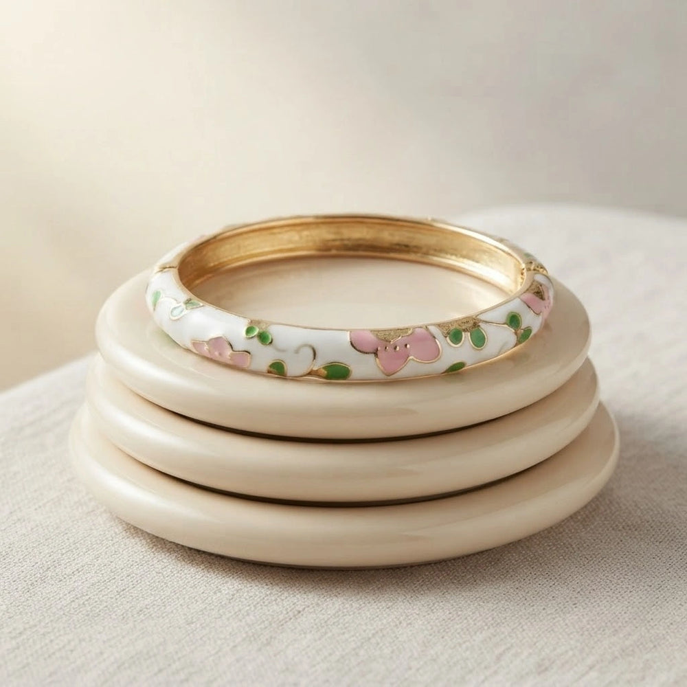 Vintage Floral Enamel Bangle Bracelet - Gold Plated Hinged Kada
