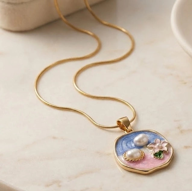 Enamel Floral Pearl Pendant Necklace - Anti Tarnish Gold Plated