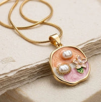 Floral Pearl Enamel Pendant Necklace - Anti-Tarnish Gold Plated