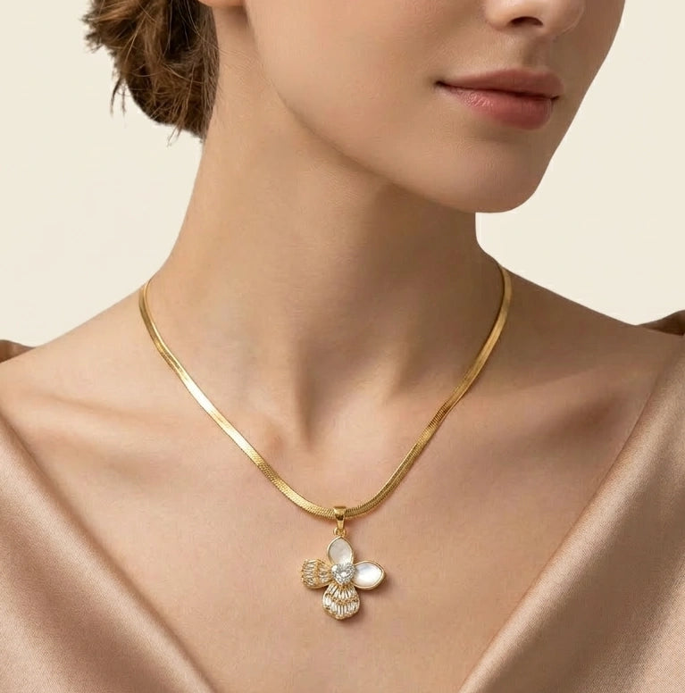 Floral Pearl Pendant Anti-Tarnish Necklace | Herringbone Chain
