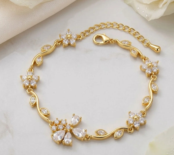 Tulip Floral Vine Zircon Anti-Tarnish Gold Plated Bracelet