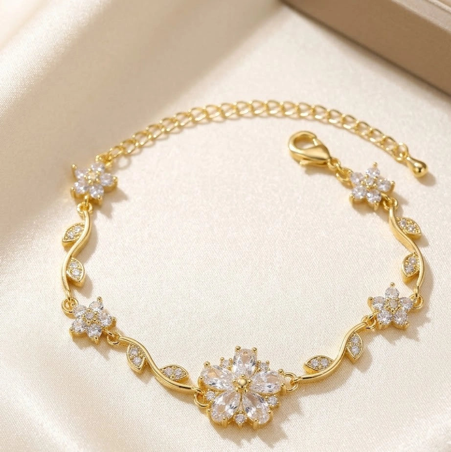 Tulip Floral Vine Anti-Tarnish Gold Plated Bracelet for Women - Sparkling Crystal Flower Design
