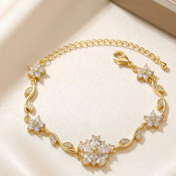 Tulip Floral Vine Anti-Tarnish Gold Plated Bracelet for Women - Sparkling Crystal Flower Design