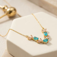 Floral Vine Blue & Pink Stone Gold Plated Necklace - Anti Tarnish