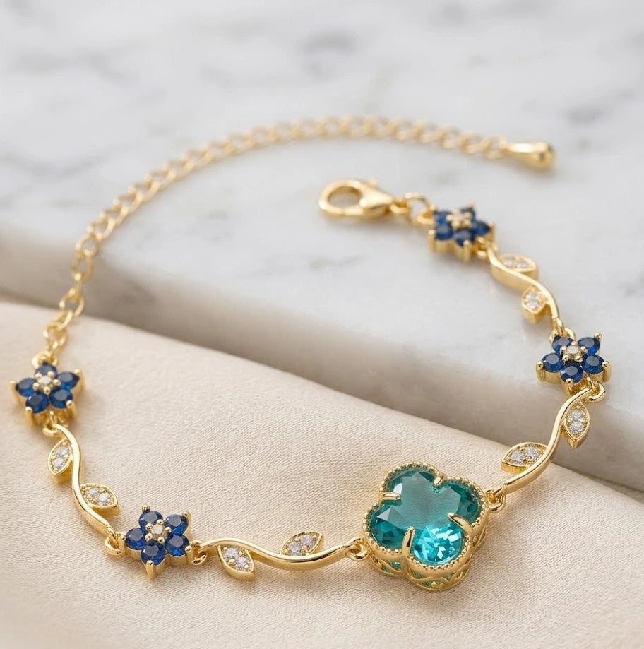 Tulip Emerald Clover & Blue Floral Anti-Tarnish Plated Bracelet