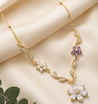 Floral Vine Anti-Tarnish Gold Plated Necklace with Purple & Clear Crystals