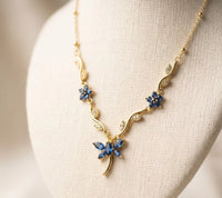Blue Stone Dragonfly Floral Necklace - Anti Tarnish Gold Plated