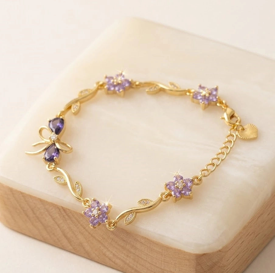 Purple Stone Bow & Floral Vine Bracelet - Anti-Tarnish Gold Plated