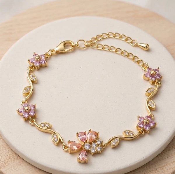 Floral Vine Pink Crystal Bracelet | Anti-Tarnish Gold Plated