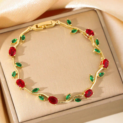 Tulip Floral Vine Red & Green Stone Bracelet - Anti Tarnish Fashion Jewelry