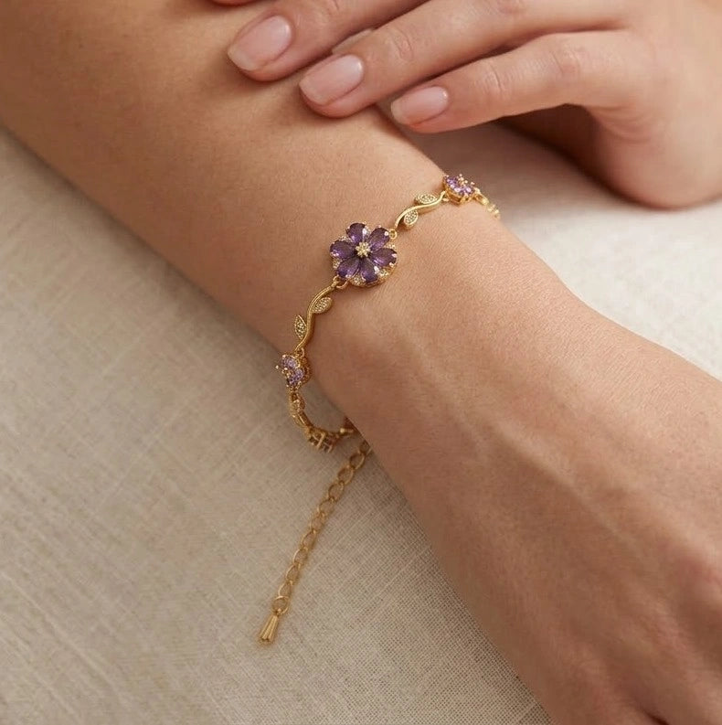 Tulip Purple Floral Amethyst Anti-Tarnish Bracelet - Gold Plated Flower Design