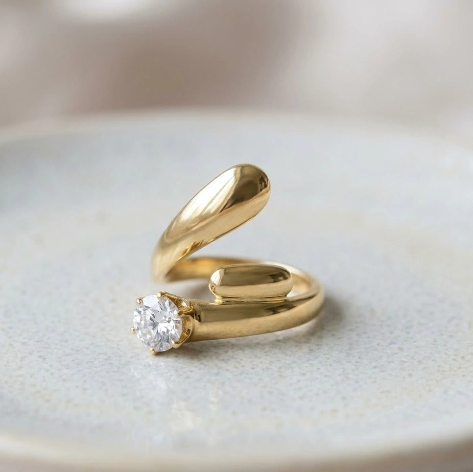 Crescent Wrap Anti Tarnish Solitaire Ring - Fluid Droplet Design