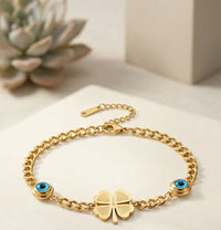 Four Leaf Clover & Evil Eye Charm Bracelet - Anti Tarnish Gold Plated