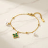 Four-Leaf Clover Green Stone Bracelet - Anti-Tarnish Gold-Plated with Pearl Charms