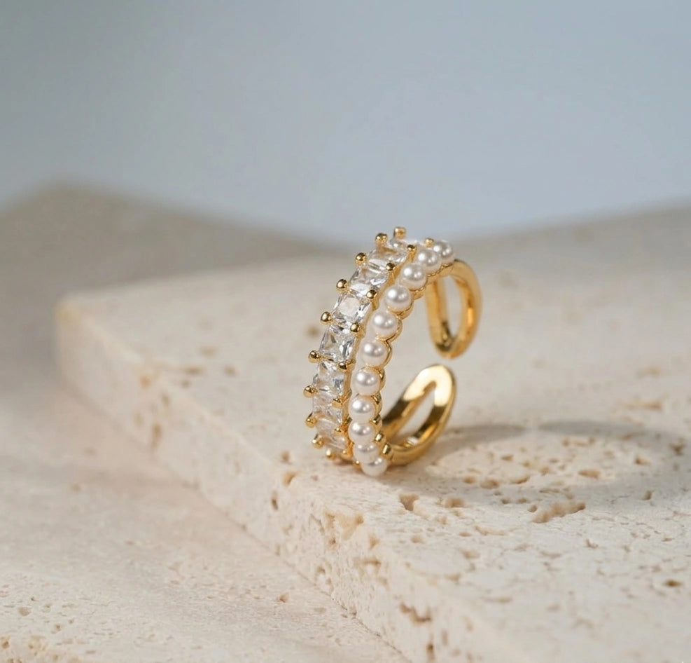 Double Layer Pearl & Crystal Adjustable Gold Fashion Ring | Korean Style Statement Jewelry