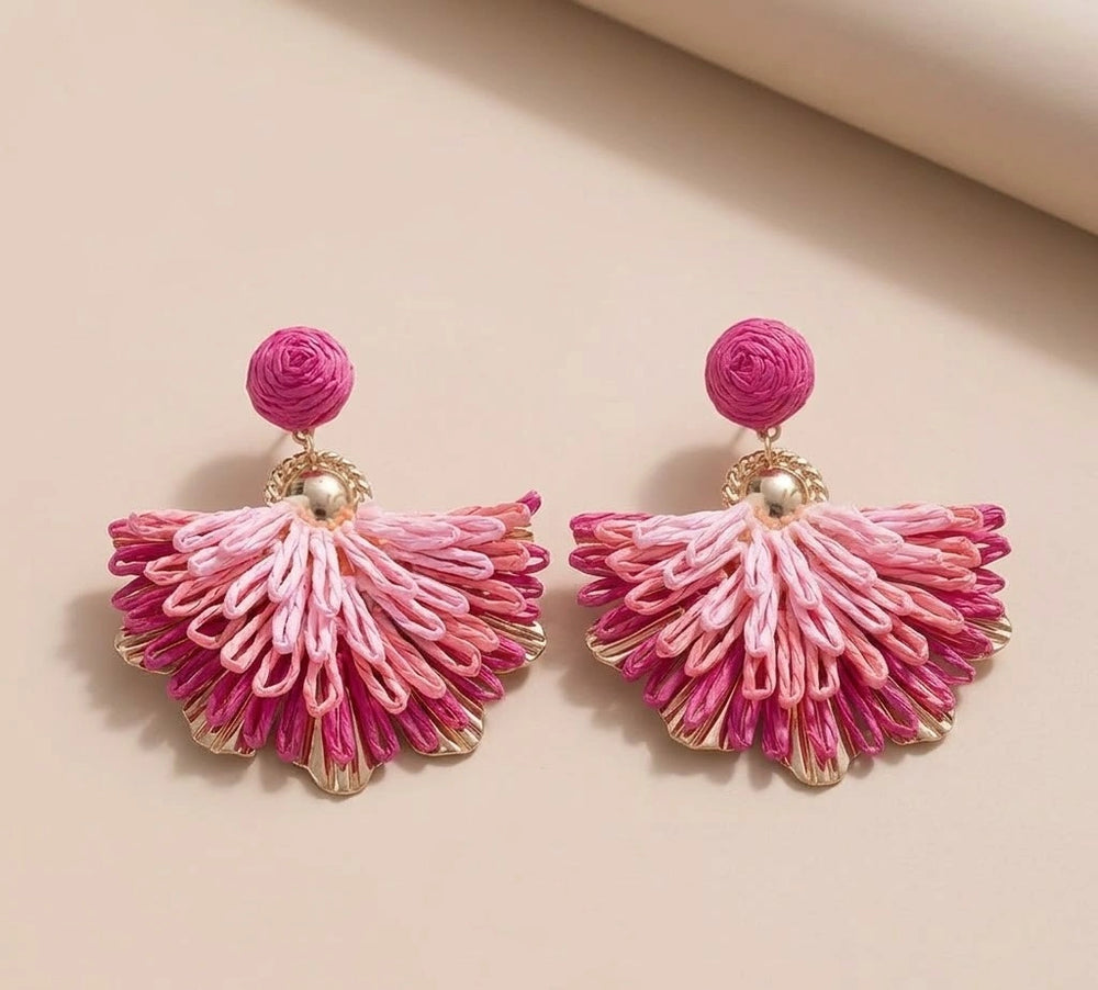 Pink Boho Woven Fan Tassel Statement Earrings