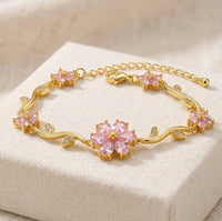 Pink Floral Cherry Blossom Anti-Tarnish Gold Plated Bracelet