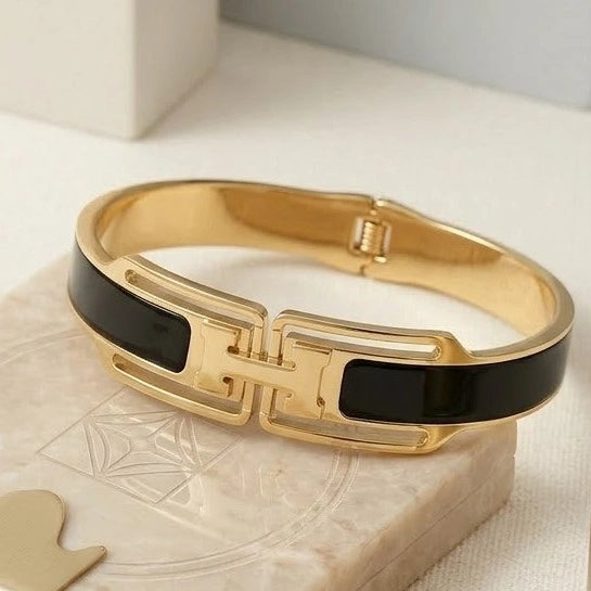 H Design Geometric Black & Anti Tarnish Gold Plated Bracelet | Moncheri Jewels