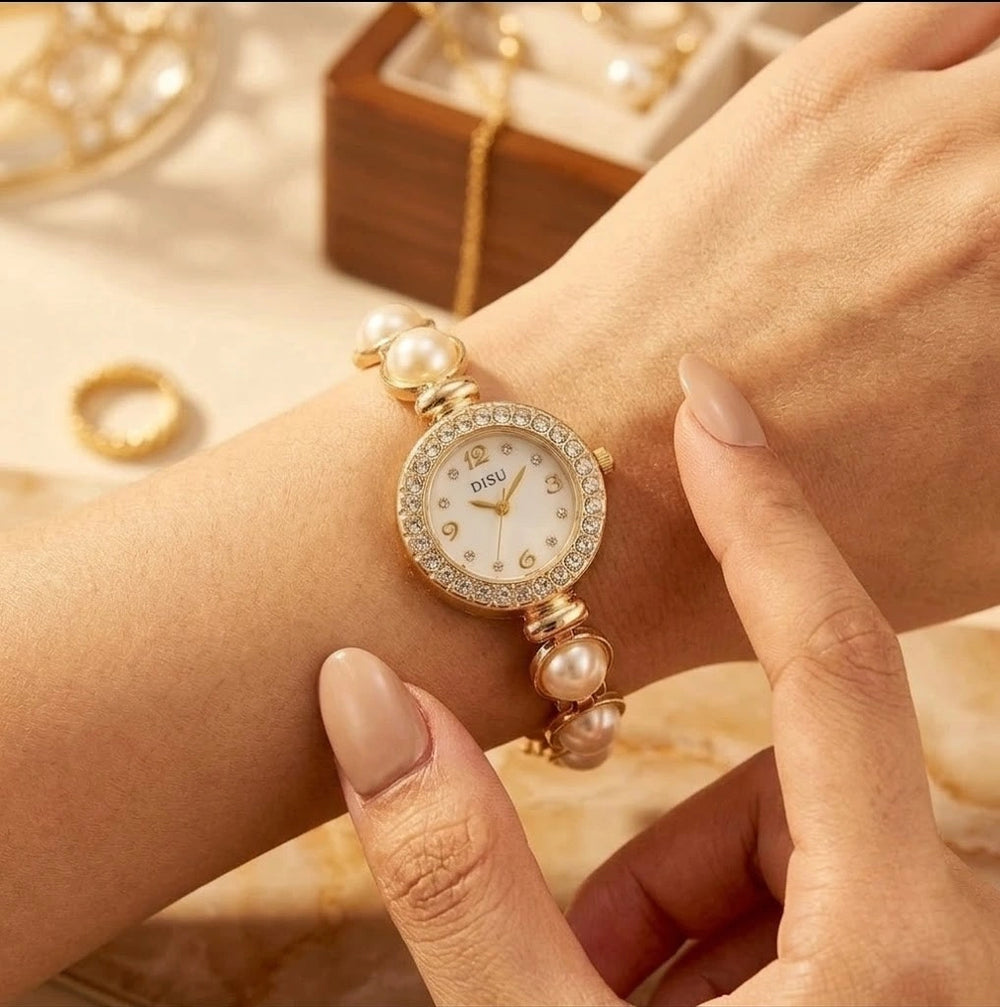 Vintage Pearl Bracelet Watch for Women | Anti-Tarnish Gold Plated Timepiece