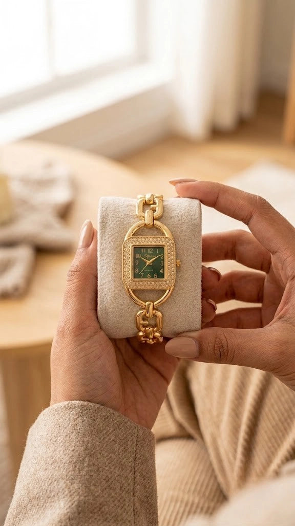 Vintage Emerald Green Square Dial Anti-Tarnish Gold Plated Watch - Moncheri Jewels
