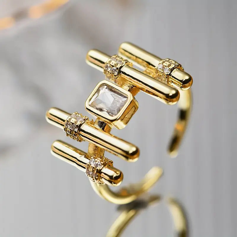 Geometric Bar  Fashion Ring with Emerald Cut Crystal - Adjustable Statement Ring