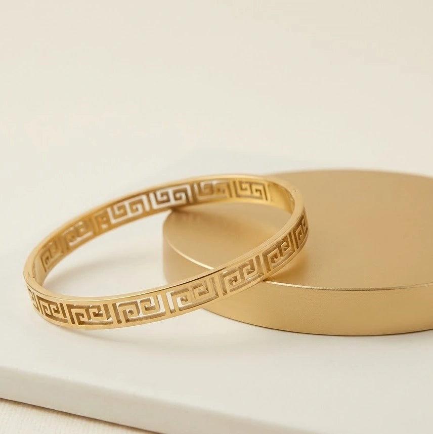 Greek Key Geometric Bangle - Anti-Tarnish Gold Plated Bracelet